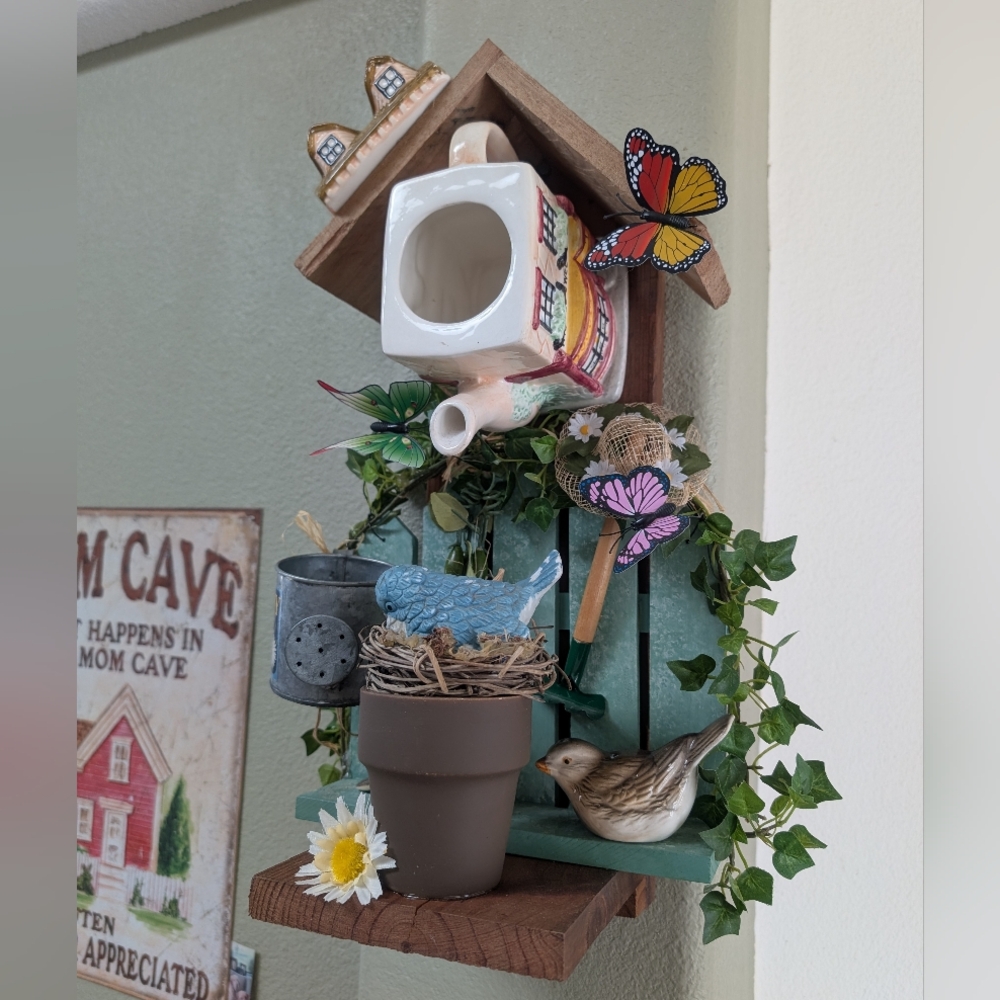 Rustic Wooden Handcrafted Bird Feeder Teapot Blue Bird Cafe - Picture 16 of 16